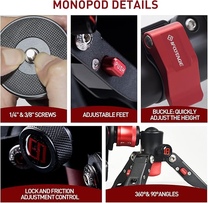 IFOOTAGE Monopod with Feet, 59’’ Lightweight Telescopic Carbon Fiber Camera Monopod,Tripod Stand,Metal Flip Locks for DSLR,Sony,Max.Load 22lbs,Cobra 2 C150 Ⅱ