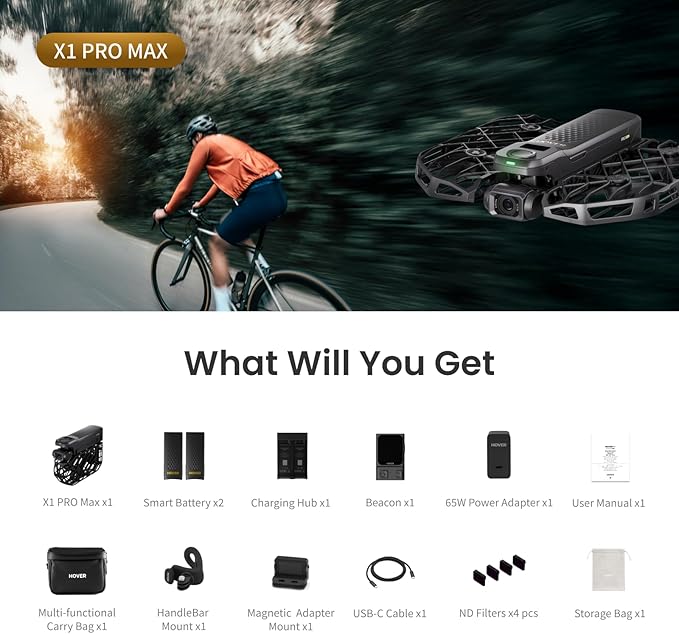 X1 PROMAX 8K Action Flying Camera, Foldable Drone with Camera with 42 KM/H Follow Speed, 10+ Fully Automatic Flight Modes, Fly Anywhere with OmniTerrain, SmoothCapture 2.0(Cycling Combo)