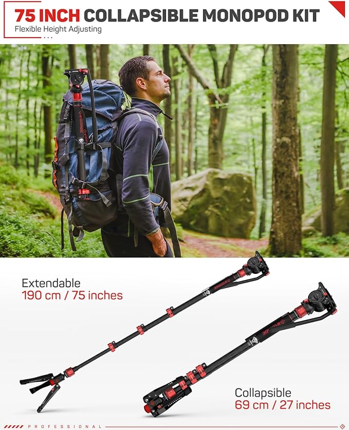 IFOOTAGE 71" Carbon Fiber Monopod Kit with Fluid Head, Portable Travel Camera Monopod with Feet, Max Load 17.64 lbs, Compatible with Sony, Canon, Nikon DSLR Cameras, Cobra 3 C180F & Komodo K5