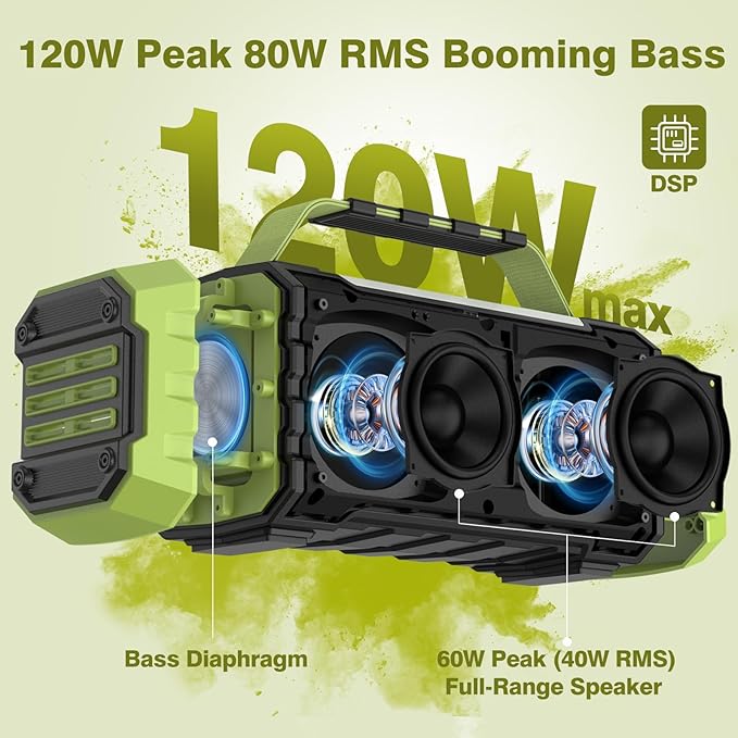 Portable Bluetooth Speaker 120W Peak 80W Wireless Speakers, TWS Pairing, Deep Bass, Hi-Fi Loud Speaker, IPX6 Waterproof, DSP Sound Boombox for Outdoor, Camping, Party, Beach