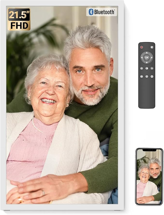 BSIMB Large Digital Picture Frame 21.5 Inch, 1920x1080 FHD WiFi Digital Photo Frame Electronic 32GB Remote Control, Share Pictures/Videos via App/USB/SD Easy Setup Gifts for Mom(Non-Touch), White