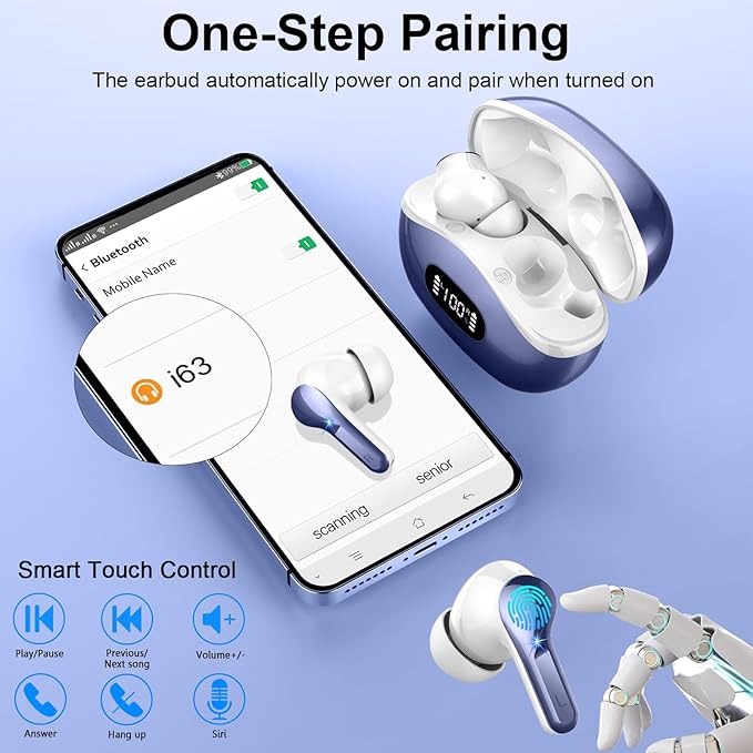 Wireless Earbud, Bluetooth 5.3 Headphones 40H Ear Bud in-Ear Bluetooth HiFi Stereo Sound with 4 Mics, IP7 Waterproof (Purple)