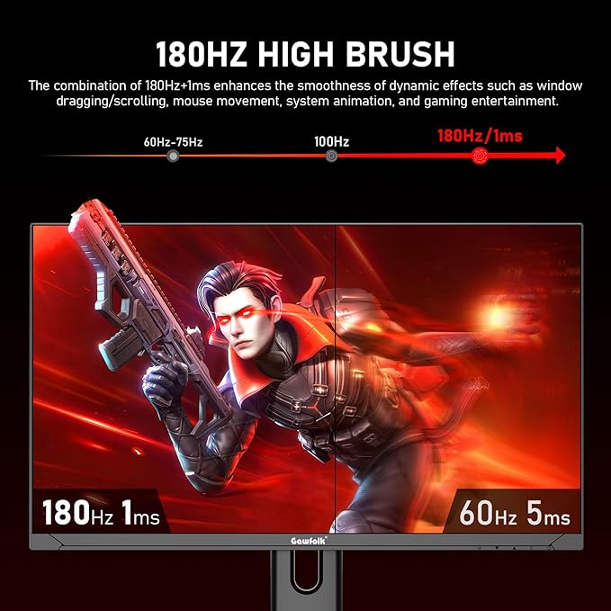 27 inch 2K QHD(2560×1440) PC Screen, 180Hz Gaming Monitor, 1ms Without Bezel, FreeSync,100% sRGB, 178° Wide Viewing Angle, HDMI2.0、DisplayPort, 75 * 75MM Wall Mount Compatible - Black