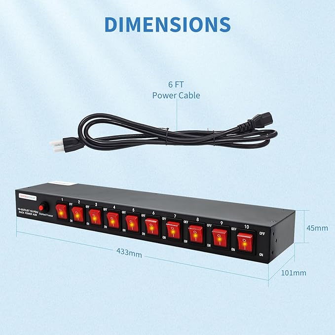1U PDU Horizontal Rackmount Power Strip - Surge Protector 10 NEMA 5-15R Outlet 100V-240V/15A 1800 Joules, 10 Independent LED Switches, w/6 ft Cord, for Network Server, ETL Listed, by CENTROPOWER