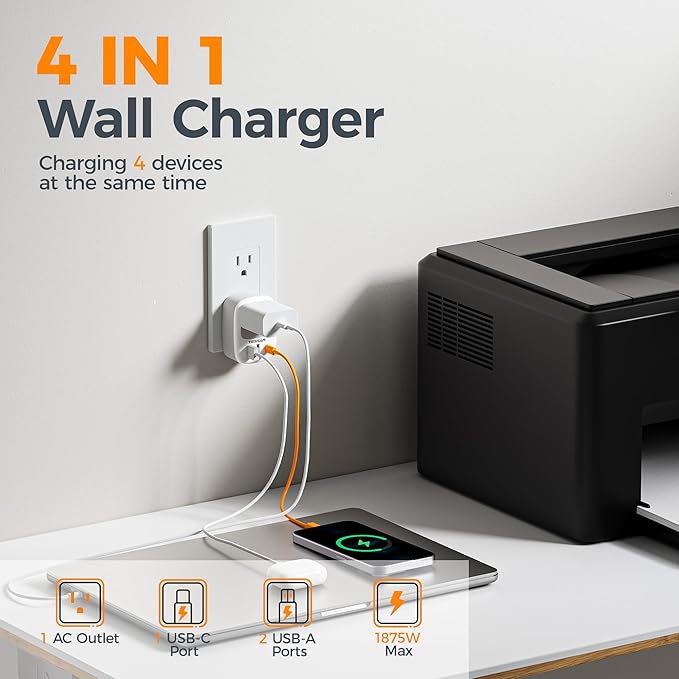 Wall Charger Block, 3 USB Charging Ports (1 USB C) and 1 AC Outlet Splitter, TESSAN 1875W Wall Outlet Extender, Multi Plug Adapter for Cruise, Home, Office, Dorm Room Essentials