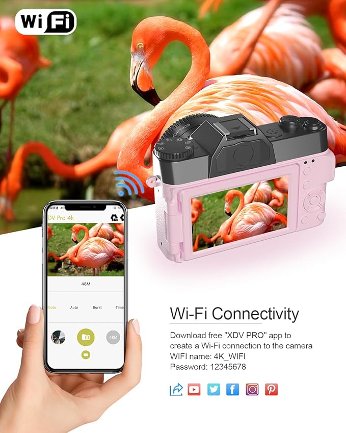 2024 Upgrade VJIANGER Digital Camera for Photography Vlogging Camera for YouTube with WiFi, 180° Flip Screen, 16X Digital Zoom, 52mm Lens, 2 Batteries, 32GB Micro SD Card(Pink)