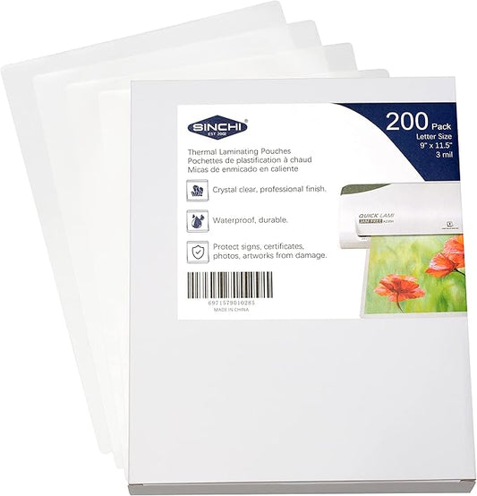 SINCHI Thermal Laminating Pouches, 3 mil, Clear, 200 Pack, 9x11.5-Inches Letter Size Laminating Sheets