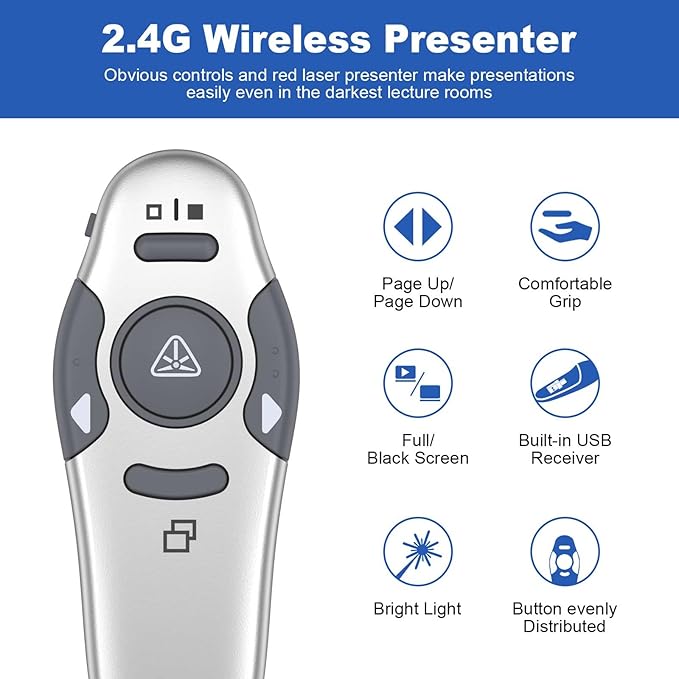 QUI Presentation Clicker Wireless Presenter Remote Clicker for PowerPoint Presentation Remote, PowerPoint Slide Advancer for Mac/Windows/Linux, Google Slide/PPT/Keynote, USB, Silver