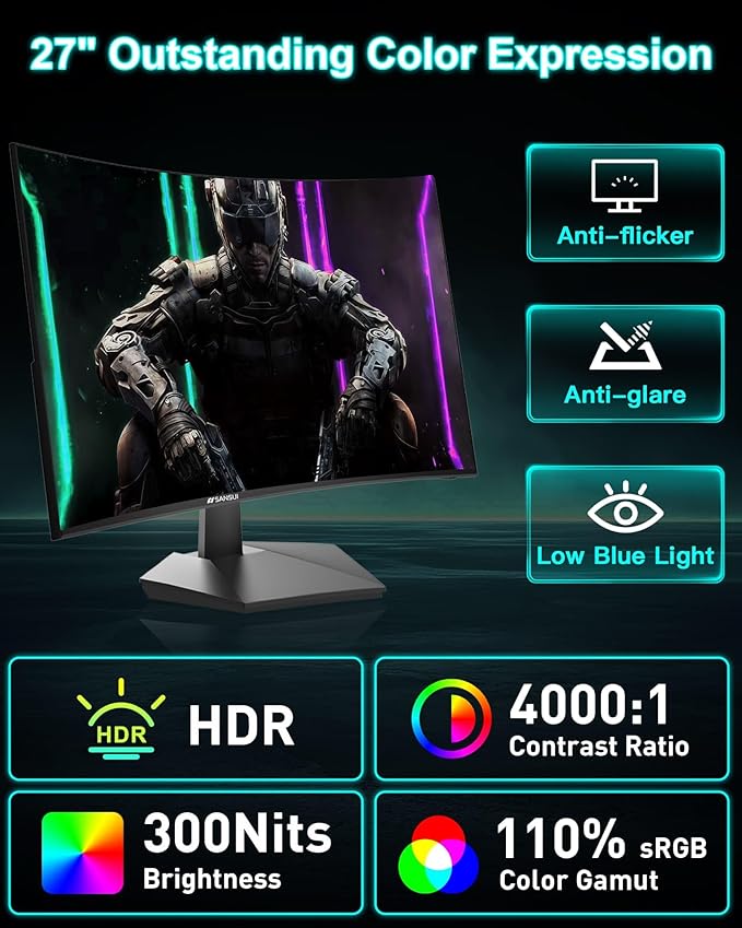 SANSUI 27 Inch Curved 160Hz Gaming Monitor, 1500R Curved Computer Gaming Monitor FHD 1080P, 4000:1, 110% sRGB, FPS/RTS, 1Ms MPRT|FreeSync|HDR|Low Blue Light|HDMI DP| VESA Support, HDMI Cable Incl.