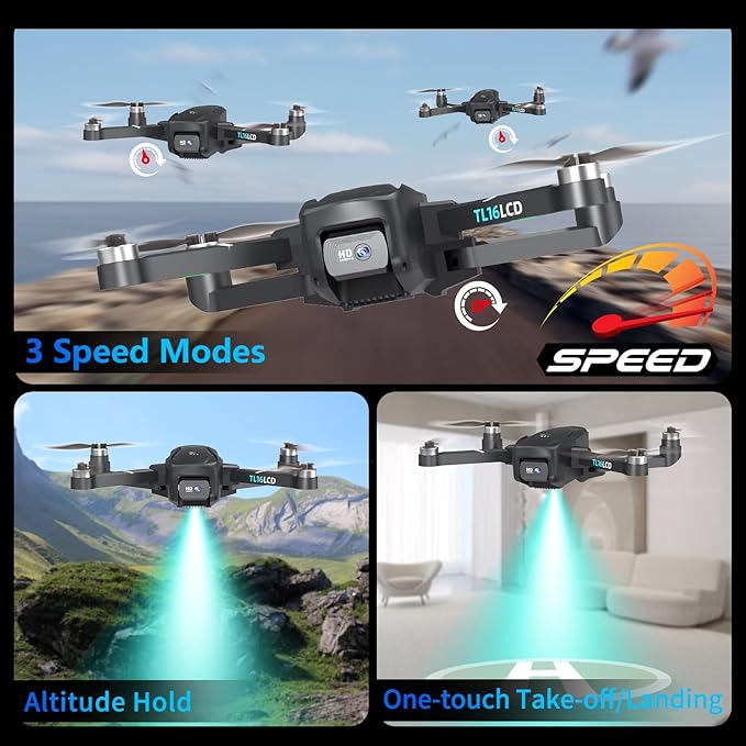 TL16LCD GPS 4K Drone with Camera Brushless Motor Auto Return SD Card Support RC Quadcopter Headless Mode Adjustable Speed Rechargeable Remote Controller