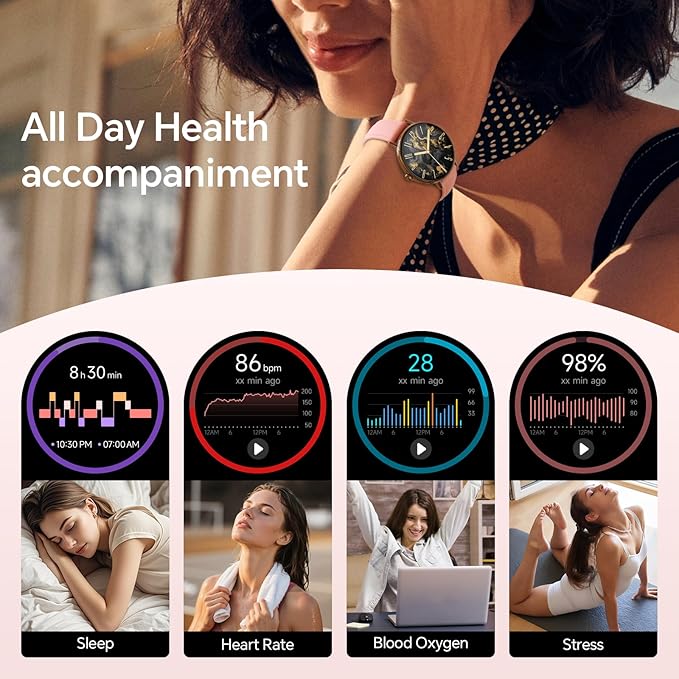 Smart Watches for Womem,1.27" HD Fitness Tracker Answer/Make Call, Heart Rate/Sleep/SpO2，Round Smart Watch for iPhone/Samsung/Android,IP68 Waterproof，110+ Sport Mode-Pink(2 Bands)