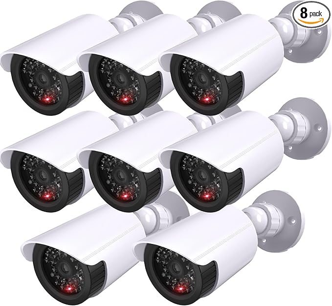 WALI Dummy Fake Simulated Surveillance Security CCTV Dome Camera Indoor Outdoor with One LED Light, Warning Security Alert Sticker Decal (TC-W8), 8 Packs, White