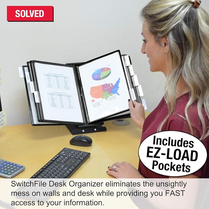 Ultimate Office SwitchFile Reference Organizer Displays Both Landscape or Portrait Documents, Desk or Wall Mount, Featuring, 10 EZ-Load Pockets to Hold 20 Sheets of Paper, Black Pockets