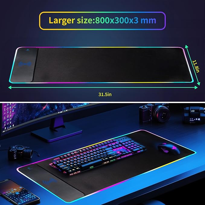 RGB Gaming Mouse Pad with Wireless Charging 15W, LED Mouse Mat 31.5 * 11.8 in, 10 Light Modes Extra Large Mousepad Non-Slip Rubber Base Computer Keyboard Mat for Gaming, MacBook, PC, Laptop, Desk