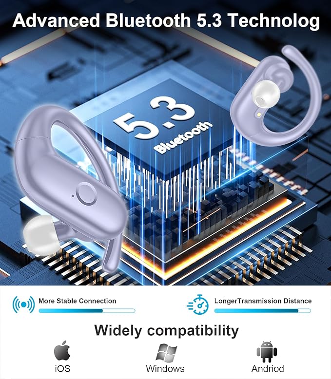 MOZOTER Wireless Earbuds Bluetooth Headphones Sport,Over Ear Buds with Deep Bass Sound,60Hrs Playtime Earphones Redesigned Comfort Fit with Earhooks for Running,Meeting,Workout- Purple