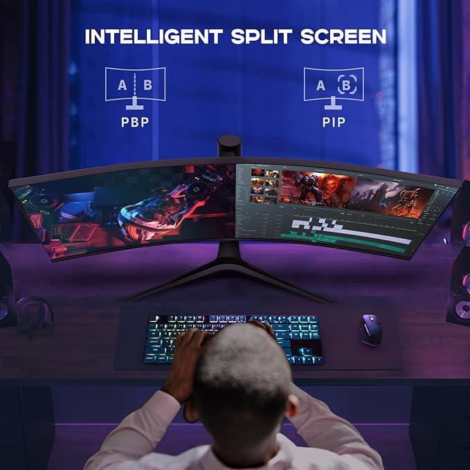 34 Inch Curved Monitor with Speaker, 180Hz UWQHD 3440x1440 Ultrawide Curved Gaming Monitor Split Screen, 4000：1 Contrast, sRGB 126%, FreeSync & G-SYNC, HDMI, DisplayPort, VESA, Height/Tilt/Swivel