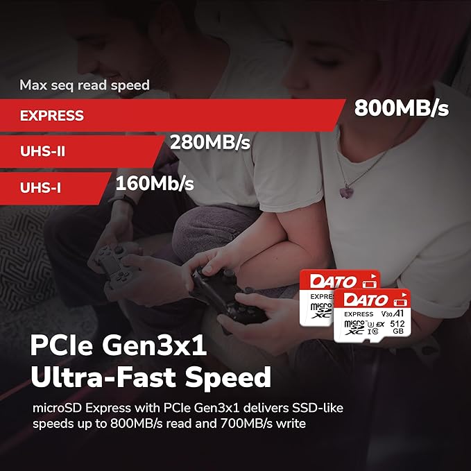 DATO Express 256GB microSDXCEX Memory Card PCIe Gen3x1 NVMe UHS-I C10 U3 V30 A1 4K8K UHD Up to 800/700 MB/s Compatible with Gen Gaming Consoles Witch 2 Action Cameras Drones 360° Cameras