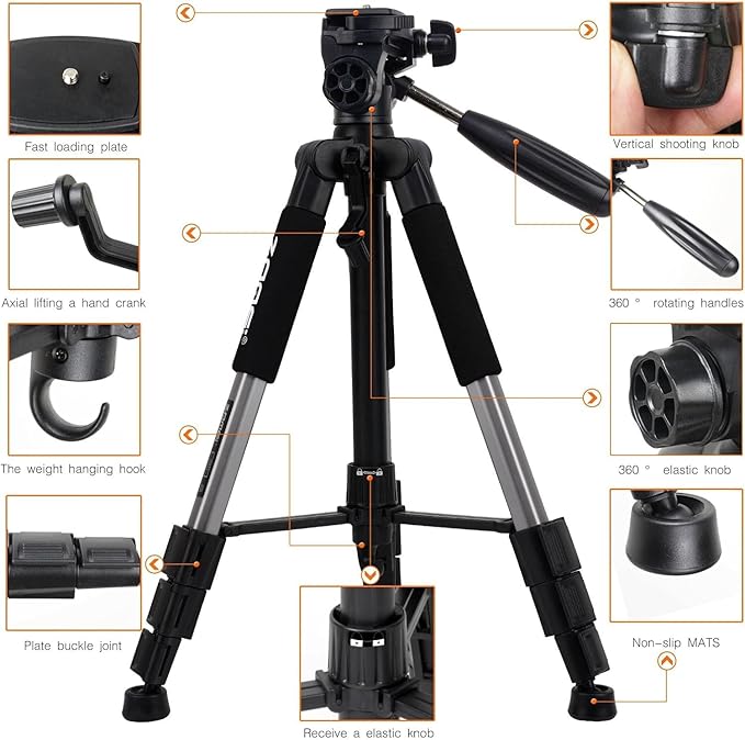 Camera Tripod, ZOMEI Q111 55-inch Smartphone Tripod Flexible Aluminum Travel Tripod with 3-Way Pan Head and Phone Holder, for Photography YouTube Smartphones Cameras and LED Ring Light (Silver)