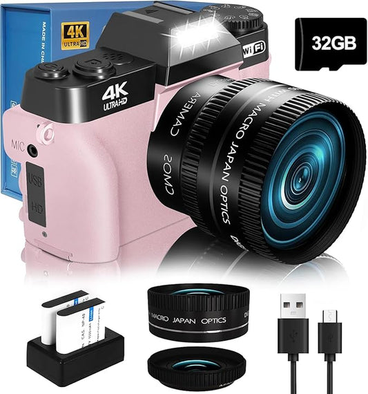 2024 Upgrade VJIANGER Digital Camera for Photography Vlogging Camera for YouTube with WiFi, 180° Flip Screen, 16X Digital Zoom, 52mm Lens, 2 Batteries, 32GB Micro SD Card(Pink)