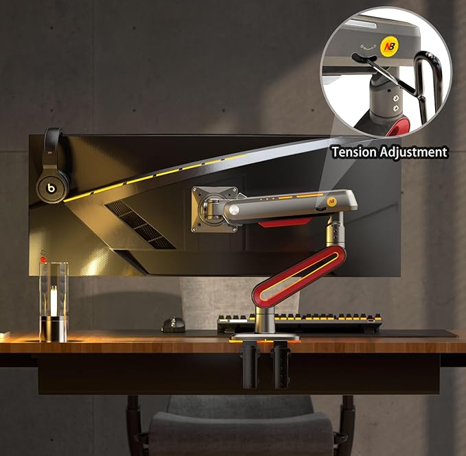 NB Designer Gaming Monitor Arm for 32 to 60 Inches Screen, Load up to 20 kg, VESA 75/100, RGB-Light, Heavy Duty, Multi Angle Adjustable, Premium Aluminum, Long Arm Extension Red