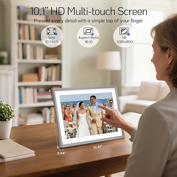 NexFoto Touchscreen Digital Picture Frame 10.1 Inch 64GB, WiFi Digital Photo Frame, Unboxing Gift Mode, Add Photos from Google Photos, Upload Videos Easily, Gifts for Newlyweds, Wedding, Silver