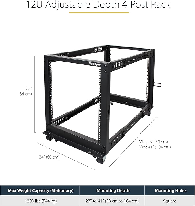 StarTech.com 12U Open Frame Server Rack,Black & 8 Outlet Horizontal 1U Rack Mount PDU Power Strip for Network Server Racks - Surge Protection - 120V/15A - with 6 Ft Power Cord (RKPW081915), Black