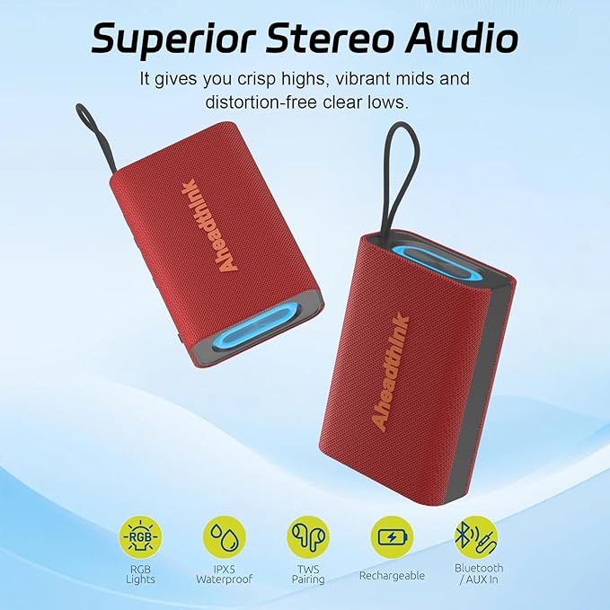 Bluetooth Speaker, Portable Wireless, IPX5 Waterproof, Bluetooth 5, RGB Color Lights, Loud Stereo Sound, Bass, TWS Pairing, for Party, Home, Outdoor, Traveling