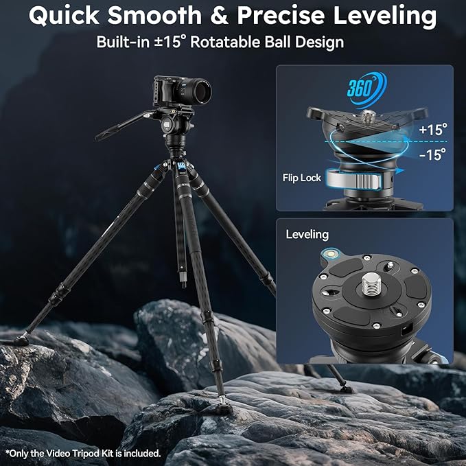 SIRUI SVS60 Carbon Fiber Tripod with S3 Fluid Video Head Kit, 68.5" One-Step Height Adjustment Travel Tripod & Monopods, Modular Compact with Triangular Center Column, ±15°Leveling, Max Load 13 lbs