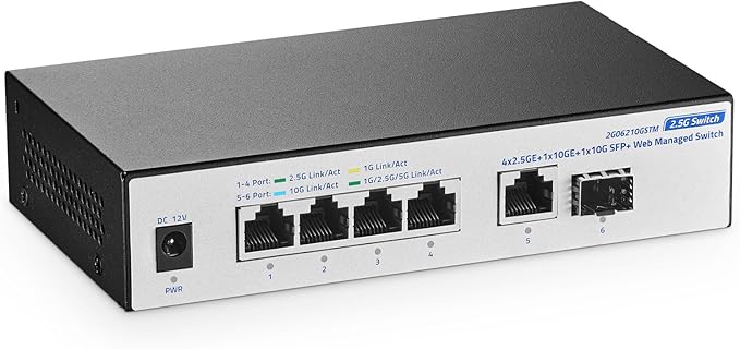 10G Web Managed Switch, 4x2.5G RJ45 + 10G RJ45 + 10G SFP Ports, LACP/VLAN/QoS, Fanless Metal, YuLinca Ethernet Switch for NAS/Gaming/8K Streaming