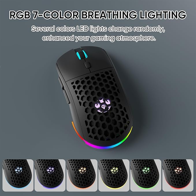 Honeycomb M32 Wireless Gaming Mouse - 2.4GHz RGB Rechargeable Ergo Mouse with Silent Clicks & 3200 DPI for PC/Mac (Black)