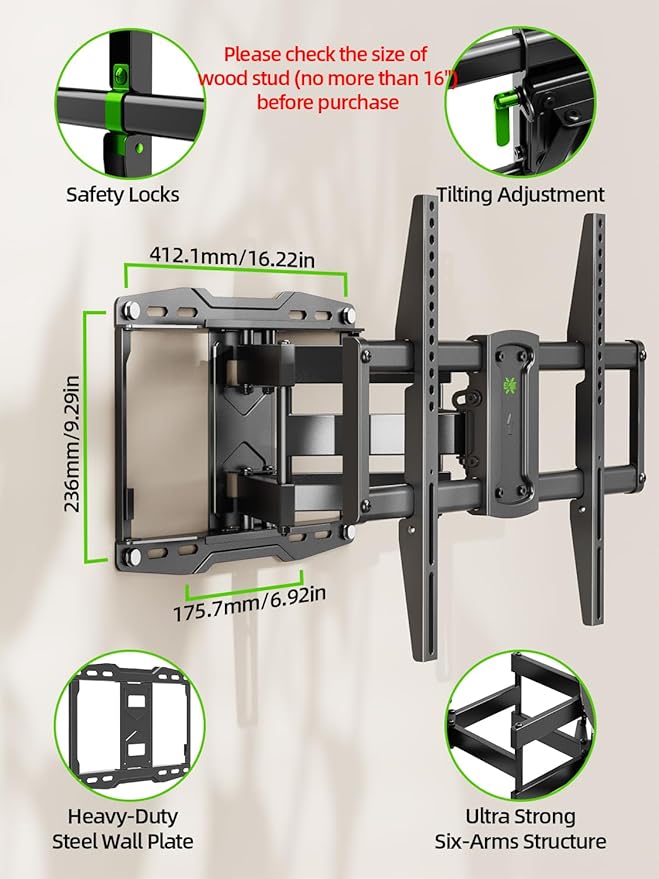 USX Mount Full Motion TV Wall Mount for 42-85 inch, TV Mount Swivel and Tilt,Wall Mount Bracket with Dual Articulating Arms Up to 132lbs, VESA 600x400mm, Max 16" Wood Studs, UL Listed XML019