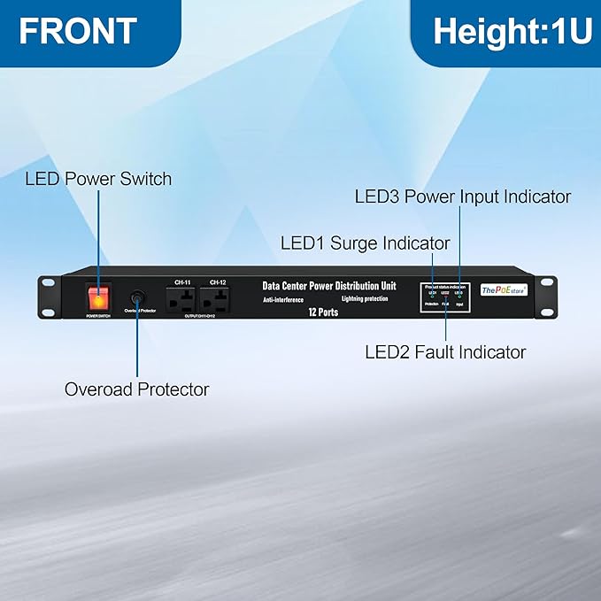 1U PDU Network Servers Surge Protector Power Distribution Unit 12-Outlet, 120V 20A, 3600 Joules 10KA,19″ Rack Mount Power Strip,Heavy-Duty 12AWG 16 ft Cord,w/AC Filter, ETL Listed, by ThePoEstore