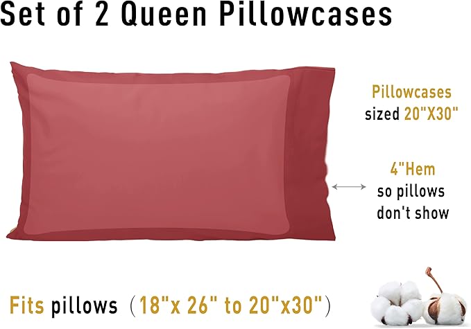 Sunflower Queen Pillowcases Set of 2, 100% Cotton Queen Size Pillow Cases 2, 20×30 inches Jester Red, Soft and Breathable