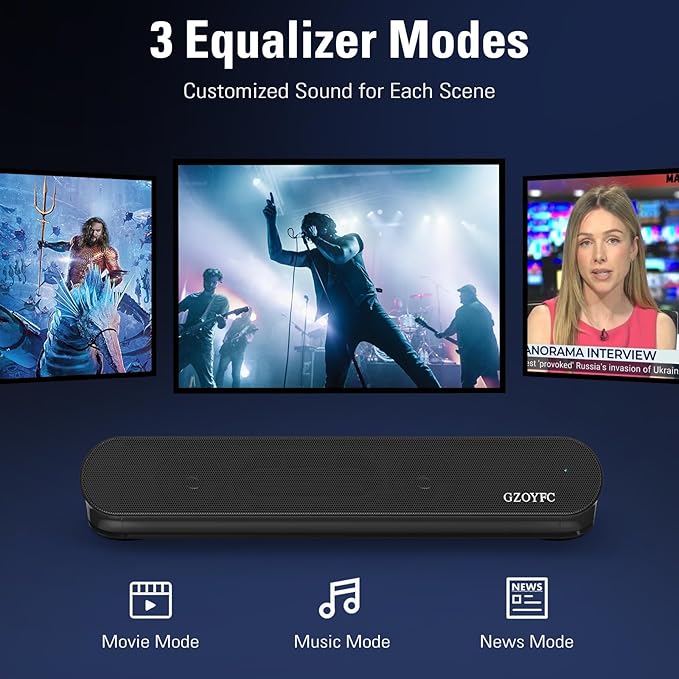 2.1ch Small Sound Bar for TV, Soundbar with Bluetooth/ARC/Opt/AUX Connect, Auto Volume Boost, 3 Equalizer Modes, 2 in 1 Detachable Soundbar for TV/PC/Gaming/Projectors