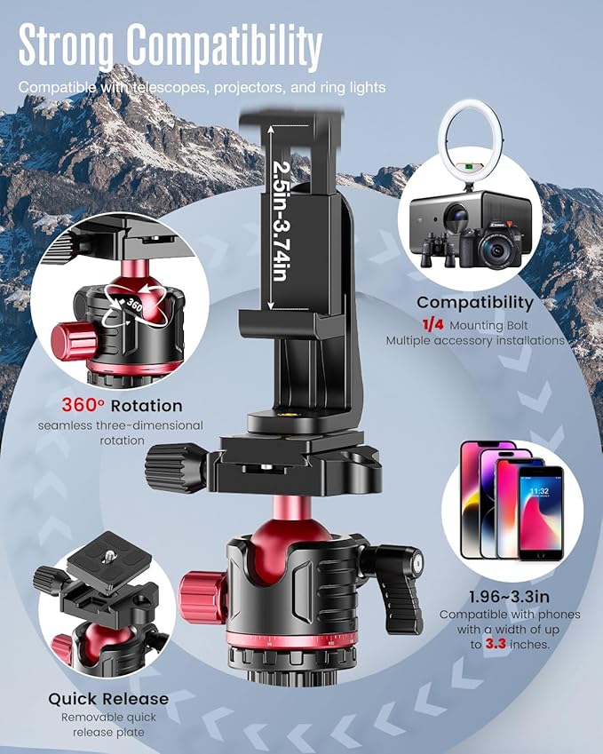 80“ DSLR-Camera-Tripod, Photography 360 Ball Head Professional Aluminum Tripod & Monopod with Carry Bag Compatible with Canon Nikon Binoculars Laser Telescope (Weight 3.35 Lbs, 15Lbs Load)
