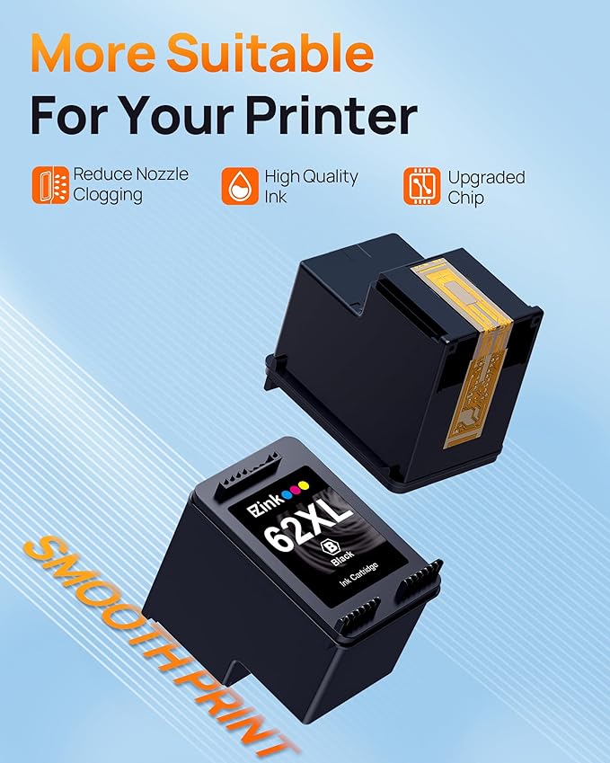 62XL Ink Remanufactured Ink Cartridges for HP 62 Black Ink Cartridge for HP Ink 62 62XL High Yield Use with HP Envy 5540 5640 5660 7644 OfficeJet 5740 5741 8040 200 250 Series Printer (2 Pack Black)