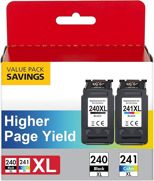 PG-240XL/CL-241XL Ink Cartridges Replacement for Canon 240XL 241XL Combo Pack 240 241 Printer Ink for PIXMA MG3620 MG3600 TS5120 TS5100 MG3220 MG3520 MG2120 MX472 (1 Black, 1 Tri-Color)