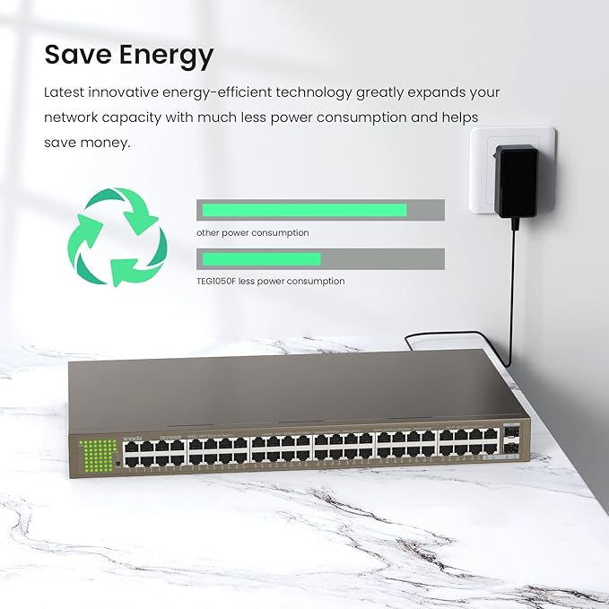 Tenda TEG1050F, 48 Port Gigabit Switch, Unmanaged Ethernet Switch with 48 Gigabit Ports & 2 SFP Slots, Plug & Play, Desktop/ Rack-Mount, Fanless & Metal Design, Limited Lifetime Protection