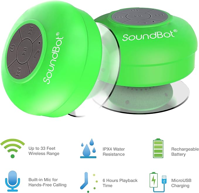 Soundbot SB510 HD Water Resistant Bluetooth Shower Speaker, Handsfree Portable Speakerphone with Built-in Mic, 6hrs of Playtime, Control Buttons and Dedicated Suction Cup for Showers (Green)