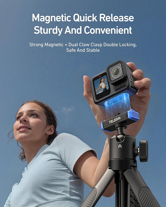 TELESIN 40cm/15.7'' Mini Selfie Stick Tripod Compatible with Gopro 13 Action Camera, Magnetic Quick Release Selfie Handle Grip,360° Adjustable Portable Extension Monopod for Shooting Video Accessories