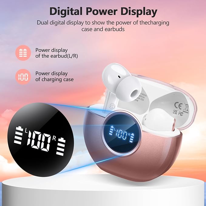 Wireless Earbuds 2025 NEW Bluetooth 5.4 Headphones Bass 3D Stereo,In-Ear Pink Earphones with 4 ENC Noise Cancelling Mic,48H Playtime with LED Display, IPX7 Waterproof for Laptop Android iOS, Rose Gold