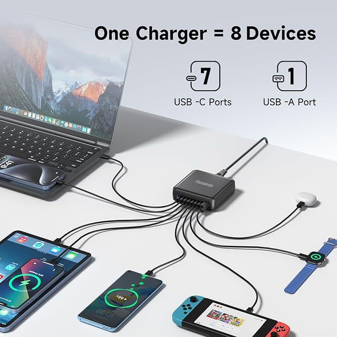 170W GaN Pro USB C Charging Station | 8-Port Desktop Power Hub (7xUSB-C PD3.0 + QC4.0 USB-A) | Smart Charger for MacBook Pro M3 Max | ETL/FCC Certified with Dynamic Power Allocation