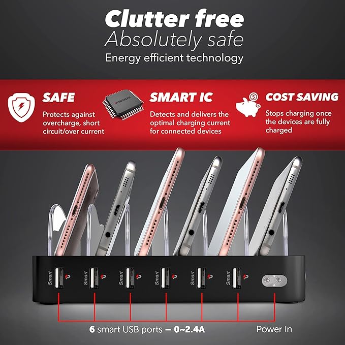 USB Charging Station 6-Ports - Fast Charging Station for Multiple Devices Apple - Multi Device Charger Station Dock - Compatible with Apple iPad, iPhone, Android, and Tablet