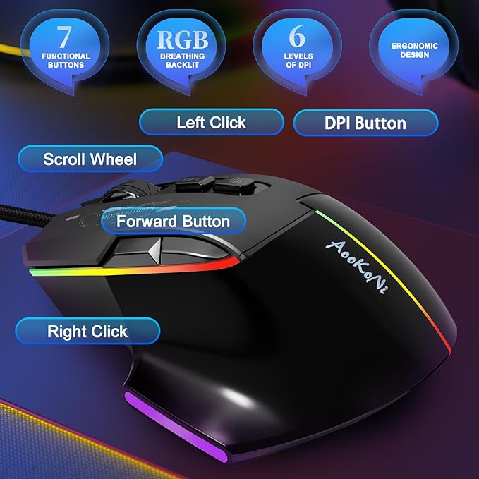 Gaming Mouse, Wired Gaming Mouse with RGB Backlit, 7200DPI Adjustable, PC Gaming Mice with 7 rogrammable Macro Buttonsg, Ergonomic Mouse Gamer for PC, Desktop, Mac，Laptop, Chromebook.