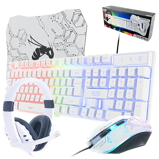 Gaming Keyboard and Mouse and Gaming Headset & Mouse Pad, Wired LED RGB Backlight Bundle for PC Gamers Users - 4 in 1 White Edition Hornet RX-250