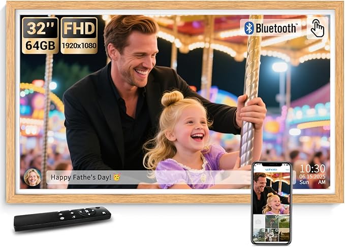 BSIMB 32 Inch Large Digital Picture Frame, Touchscreen 64GB 1920x1080 WiFi Photo Frame Electronic Display Remote Control, Share Pictures/Videos via Free App/USB/SD Easy Setup Gifts for Mom, Light Wood