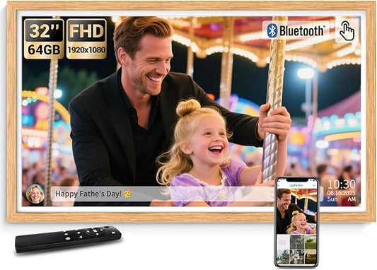 BSIMB 32 Inch Large Digital Picture Frame, Touchscreen 64GB 1920x1080 WiFi Photo Frame Electronic Display Remote Control, Share Pictures/Videos via Free App/USB/SD Easy Setup Gifts for Mom, Light Wood