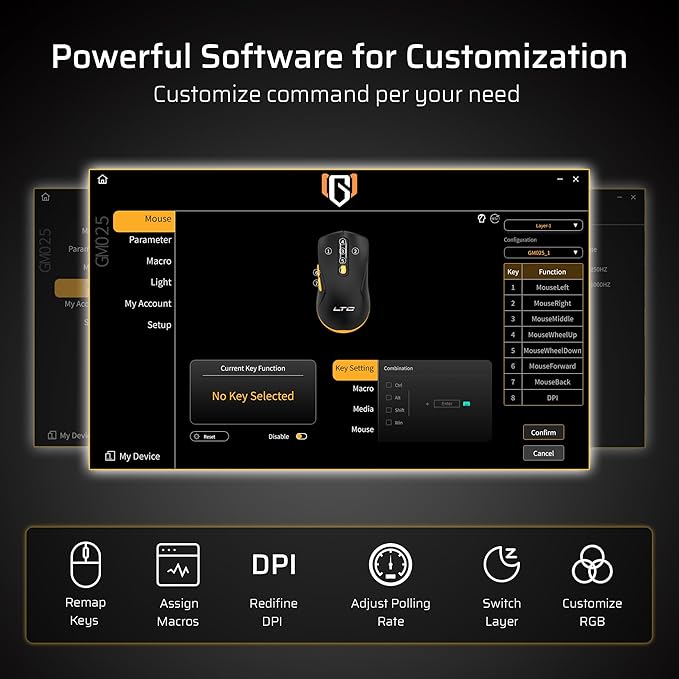 LTC GM025 Tri-Mode Wireless Gaming Mouse,12000 DPI PAW3311 Sensor, Ergonomic Mouse 2.4Ghz/BT/Wired, 6 Programmable Buttons, Customizable RGB Lighting, Pro Software