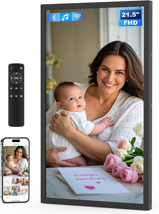 21.5 Inch Large Digital Picture Frame, 1920x1080 FHD IPS WiFi Electronic Photo Frame with Remote Control, 32GB Storage, Wall-Mountable, Instantly Share Photo/Video via Apps, Email, Black
