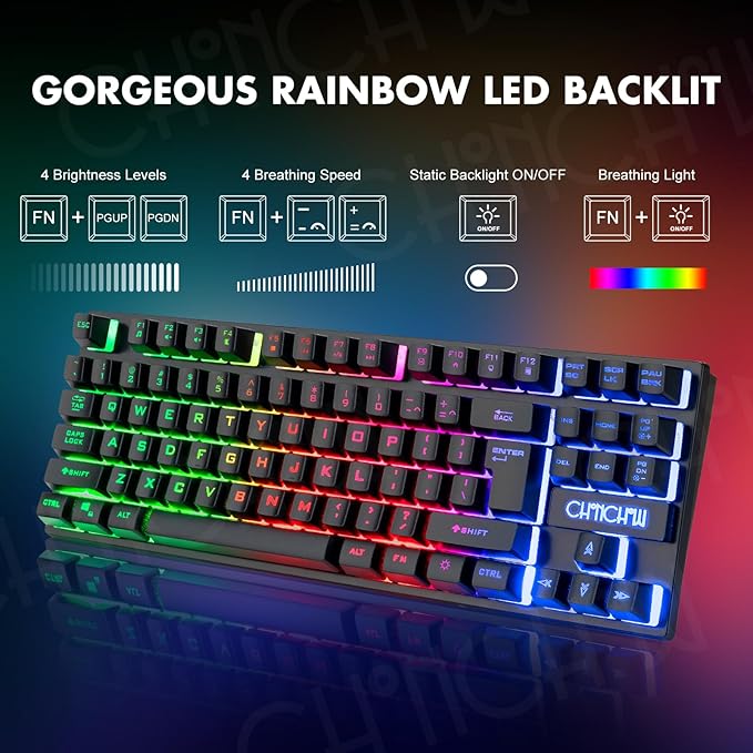 CHONCHOW Wireless Gaming Keyboard and Mouse Combo, Rechargeable 87 Key LED Light Up Keyboard, Ergonomic Wireless Gaming Mouse, Backlit for Xbox PS4 PC Laptop